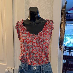 Maeve Sleeveless Ruffled Red Patterned Button Up Flowy Blouse Sz 4